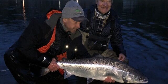 Toby and Bruce with a chrome Atlantic salmon